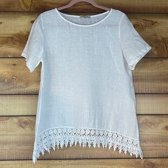Terzo Millennio Linen Top Womens Medium White Italy Boho Crochet Lagenlook Beach - Picture 1 of 8